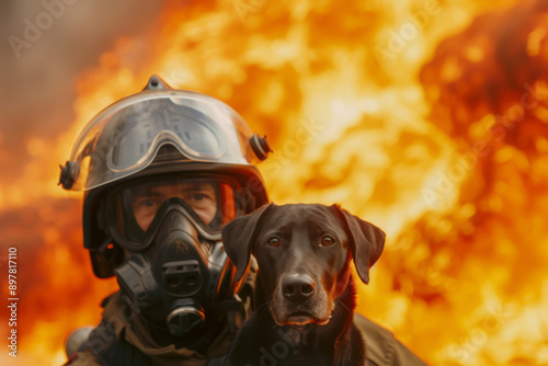 A brave firefighter in a mask holds a loyal dog amidst a fiery backdrop, symbolizing courage and partnership in dangerous situations. photo