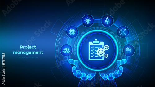 Project management icon in wireframe hands. Effective time planning technology concept. Project development. Business target. Company strategy. Vector illustration.