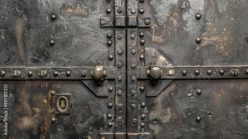 Close-up of an old, weathered metal door with rivets and ornate hardware.