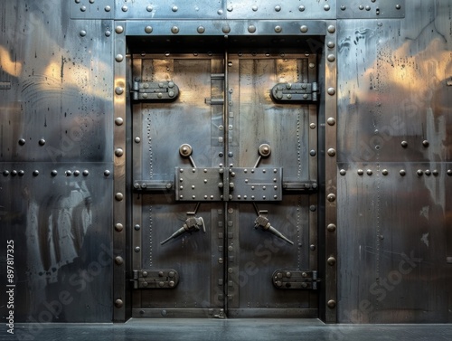 Heavy, industrial metal double doors with rivets and multiple locks.  A secure and imposing entrance.