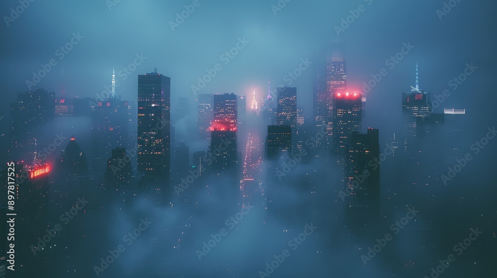 Blurred high-rise buildings in the fog