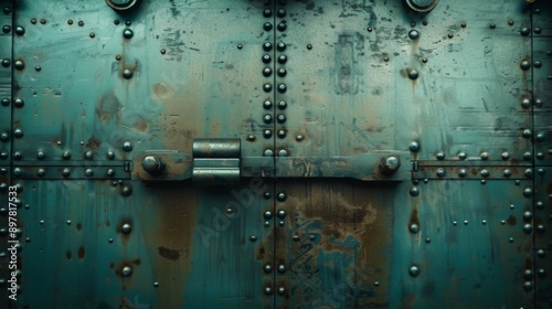 Rusty metal door with rivets and a latch.  Industrial background with textured surface.
