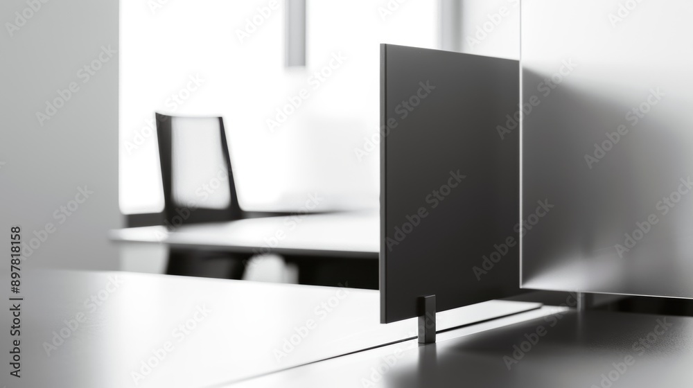 Black desk divider is separating workspaces in a modern office, providing privacy for employees Black desk divider is separating workspaces in a modern office, providing privacy for employees