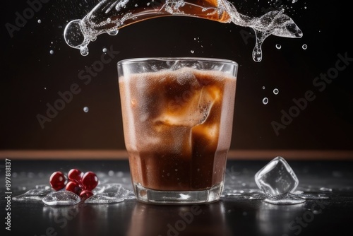 Iced Coffee with Splash and Ice Cube on a dark background