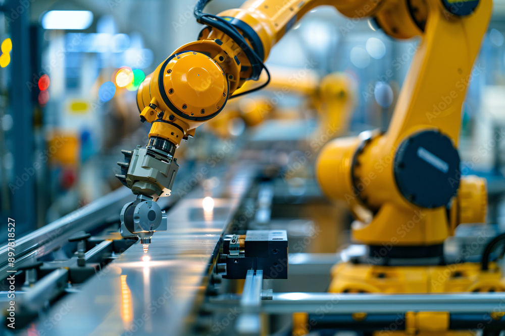 Advanced robotic arm in a futuristic factory setting, highlighting the progress in precision engineering and automation Advanced robotic arm in a futuristic factory setting, highlighting the progress in precision engineering and automation