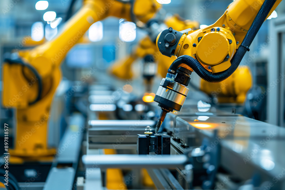 Innovative robotic arm in a technologically advanced manufacturing environment, symbolizing the future of engineering and automation Innovative robotic arm in a technologically advanced manufacturing environment, symbolizing the future of engineering and automation