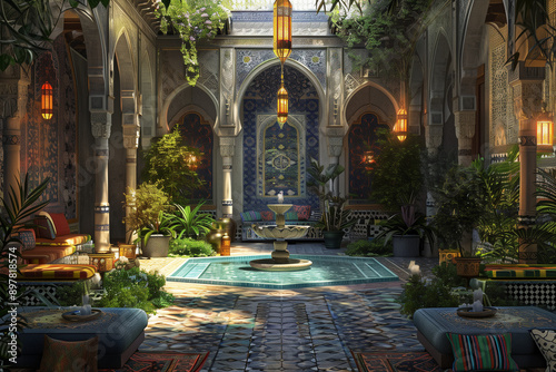 Islamic courtyard traditional elements such as a central fountain, lush greenery, and arched doorways with intricate tile work