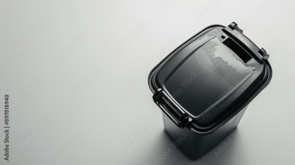 Neatly placed black plastic trash can with closed lid on clean white background, showcasing simplicity and functionality of household essential Neatly placed black plastic trash can with closed lid on clean white background, showcasing simplicity and functionality of household essential