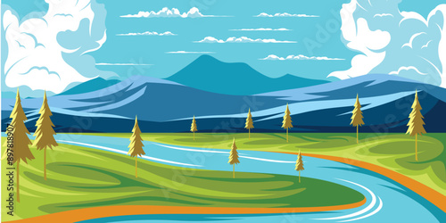 Nature Lake and Mountains Landscape Outdoor Illustration Vector