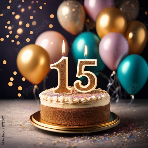 number 15 candle on a twenty eit year birthday or anniversary cake celebration with balloons photo