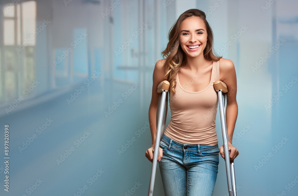 Mujer joven latina con muletas feliz y con espíritu de superación. Concepto de inclusión social. IA generativa. Mujer joven latina con muletas feliz y con espíritu de superación. Concepto de inclusión social. IA generativa.