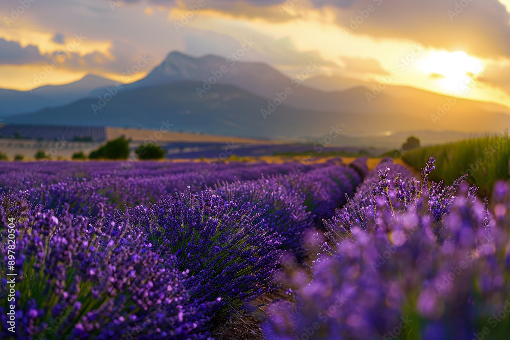 Obraz premium A beautiful lavender field at sunset, with mountains in the background, The sun is setting behind the mountains casting long shadows over rows of purple flowers