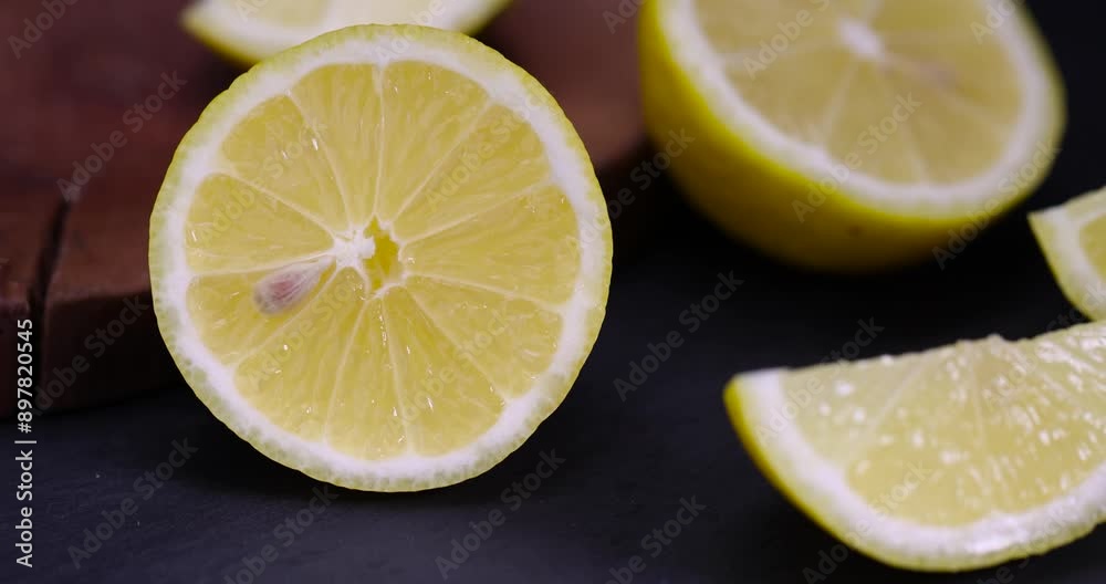 slices of fresh lemon for making lemon juice, close-up of a table with slices of yellow lemon