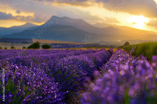 A beautiful lavender field at sunset, with mountains in the background, The sun is setting behind the mountains casting long shadows over rows of purple flowers