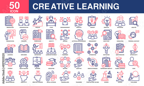 Creative learning icon collection set. Containing education, knowledge, learning, study, school, brainstorming, thinking icon. Simple line color vector.