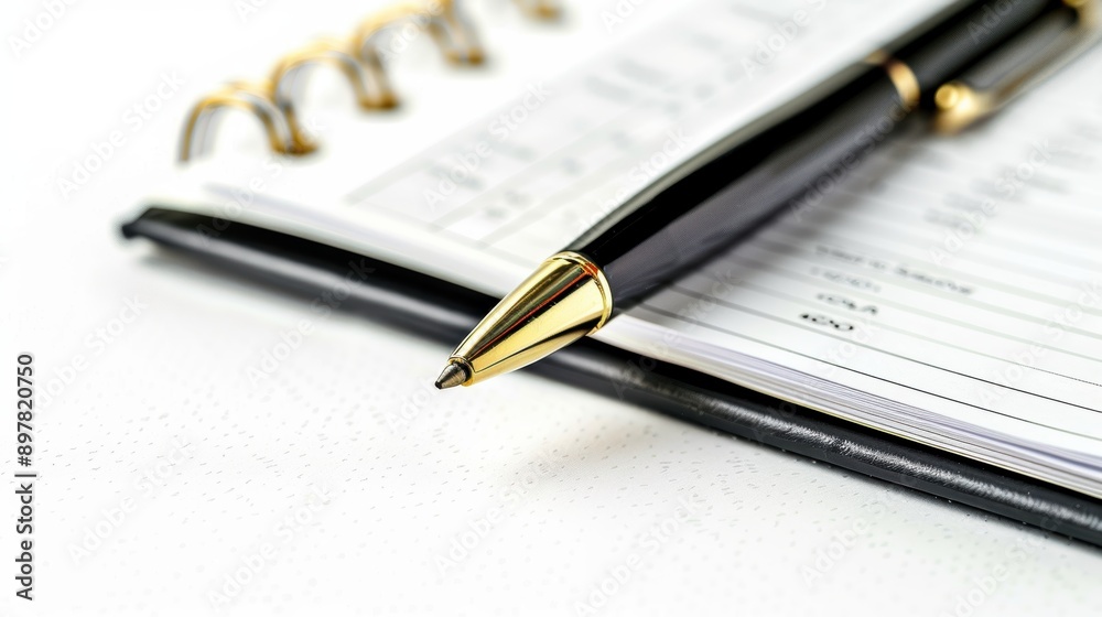 Elegant pen is lying on an open spiral notebook, suggesting business planning and organization Elegant pen is lying on an open spiral notebook, suggesting business planning and organization