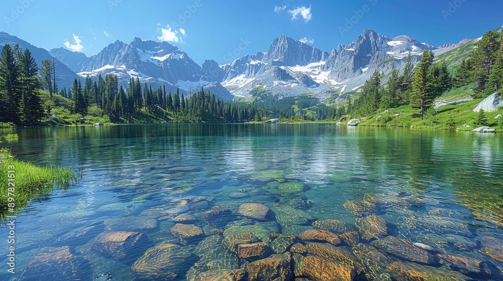 Rocky mountain landscape with a clear lake