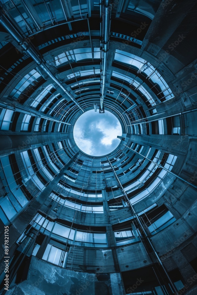 Naklejka premium Looking up at the sky through the glass of a modern office building