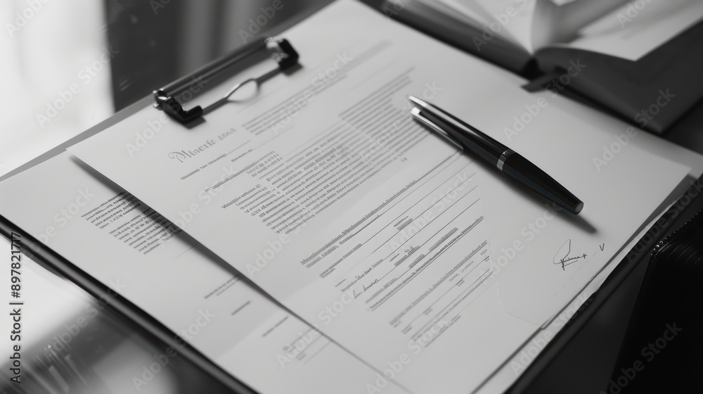 Black and white image of a signed marriage contract resting on a clipboard with an elegant pen Black and white image of a signed marriage contract resting on a clipboard with an elegant pen