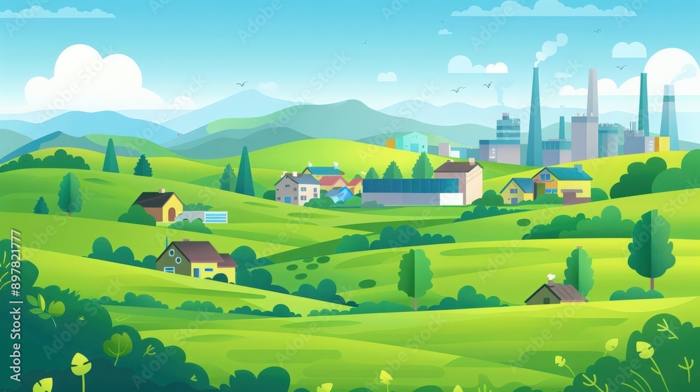 Vibrant landscape featuring rolling hills, green fields, and distant factories under a clear sky. Perfect for illustrating nature and industry. Vibrant landscape featuring rolling hills, green fields, and distant factories under a clear sky. Perfect for illustrating nature and industry.