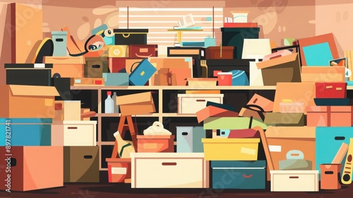 A cluttered storage area filled with various boxes, bins, and items, showcasing a chaotic yet colorful organization.