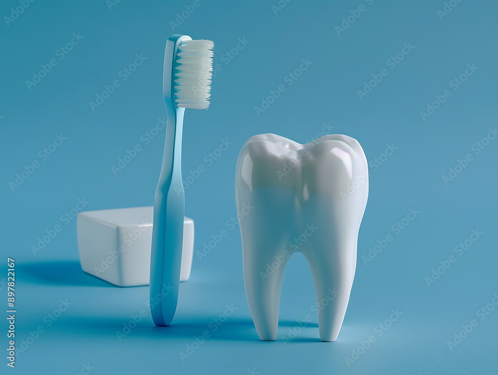 Clean Tooth and Toothbrush on Blue Background Clean Tooth and Toothbrush on Blue Background