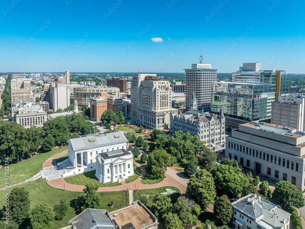 Aerial view of capitol square in Richmond with Virginia state capital, executive mansion, department of agriculture, old city hall, skyline