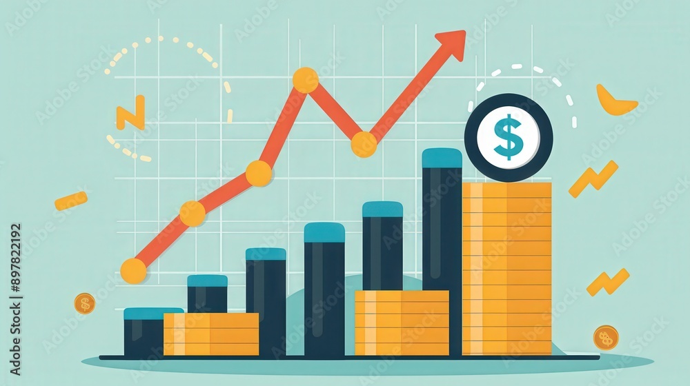 Colorful illustration of rising financial growth with stacked coins and a dollar symbol, reflecting investment success. Colorful illustration of rising financial growth with stacked coins and a dollar symbol, reflecting investment success.