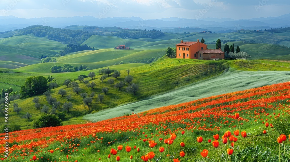 Rolling hills with a patchwork of fields