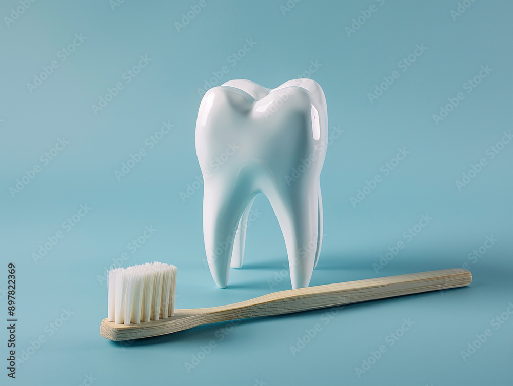 Clean Tooth and Toothbrush on Blue Background Clean Tooth and Toothbrush on Blue Background