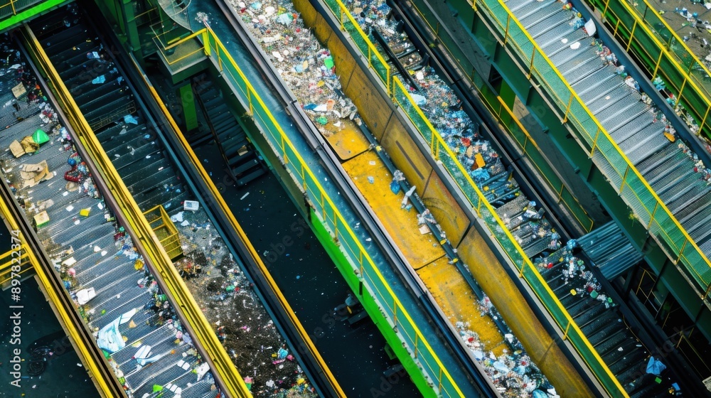 Efficient Recycling Center with Conveyor Belts Sorting Waste Against Vibrant Green Background Efficient Recycling Center with Conveyor Belts Sorting Waste Against Vibrant Green Background