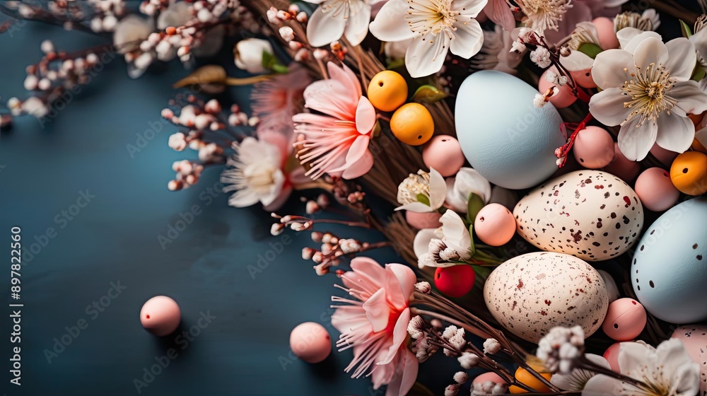 beautiful easter day background concept with pink eggs and flowers beautiful easter day background concept with pink eggs and flowers