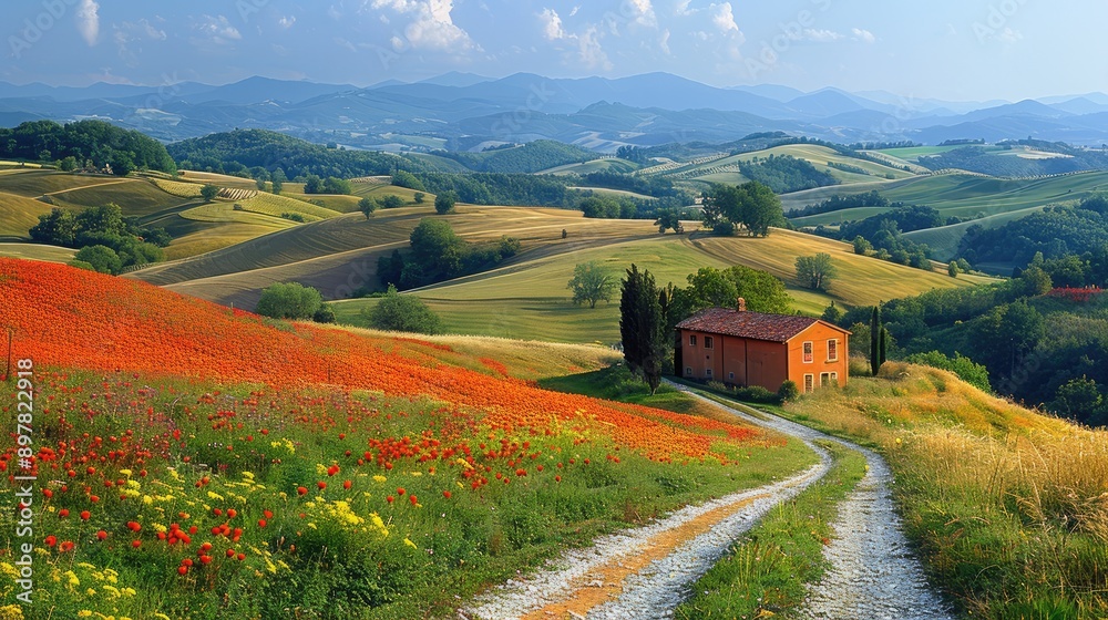 Rolling hills with a patchwork of fields