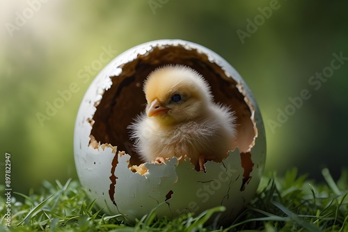 A newborn chick peers out from a cracked eggshell against a lush green backdrop, embodying the spirit of spring