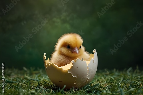 A newborn chick peers out from a cracked eggshell against a lush green backdrop, embodying the spirit of spring