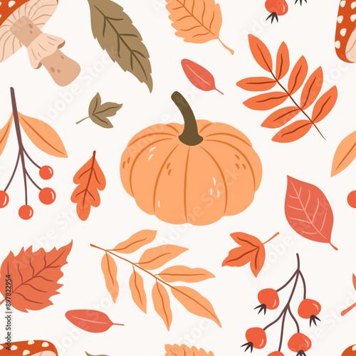Seamless autumn botanical pattern with leaves, berries, pumpkin