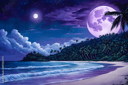 tropical island with palm trees, moon over the ocean