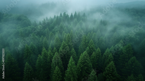 Stunning mist covered forest scenery in high elevation mountains