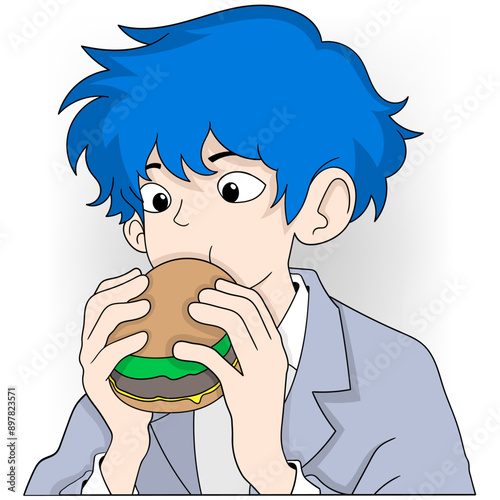 blue hair man eating burger