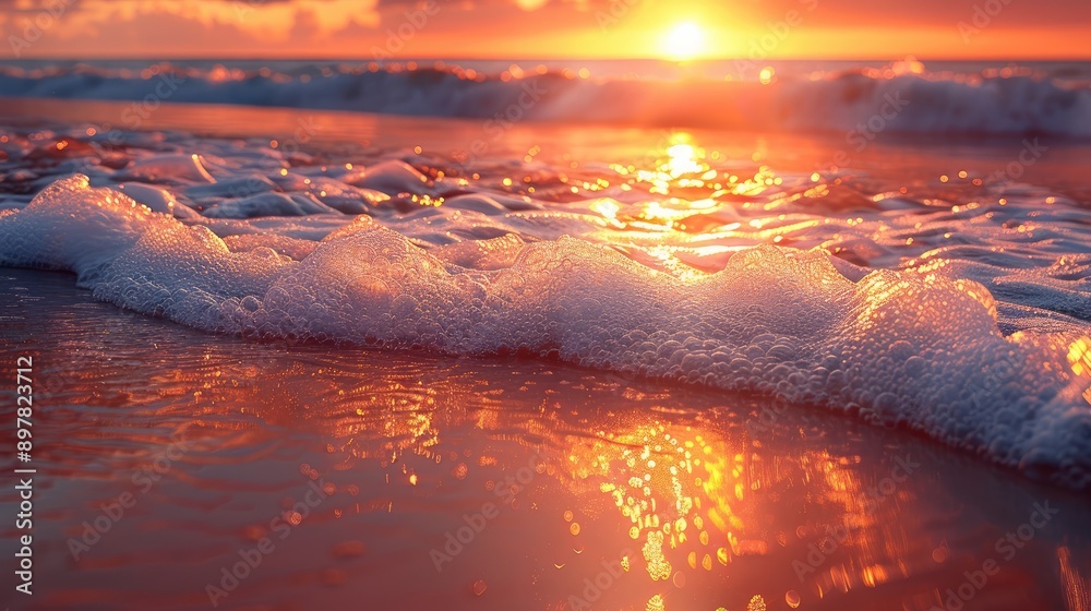 Sandy beach with gentle waves at sunset