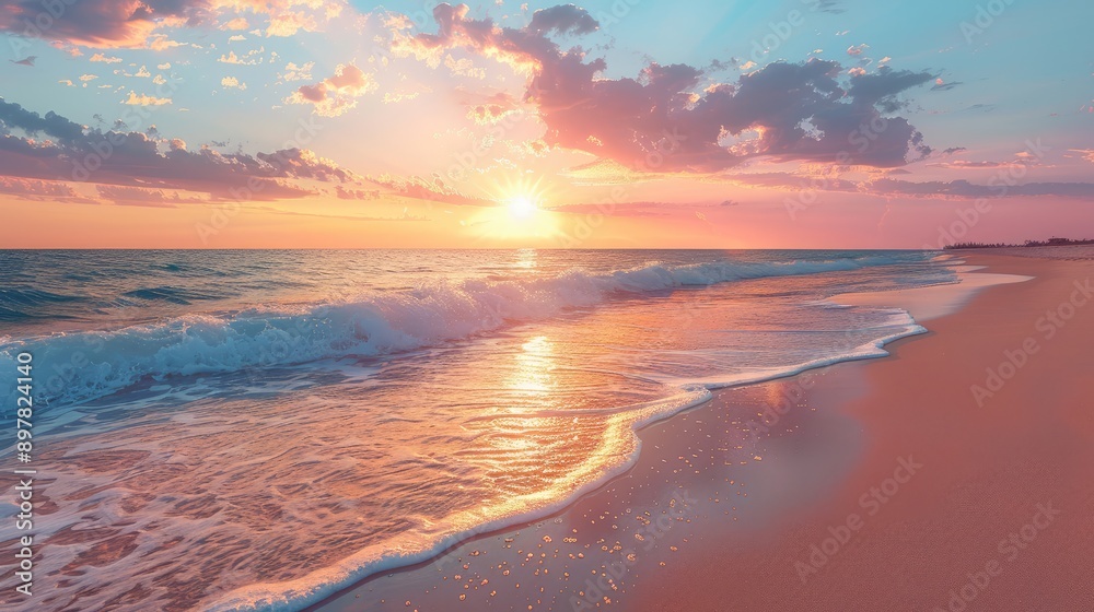 Sandy beach with gentle waves at sunset