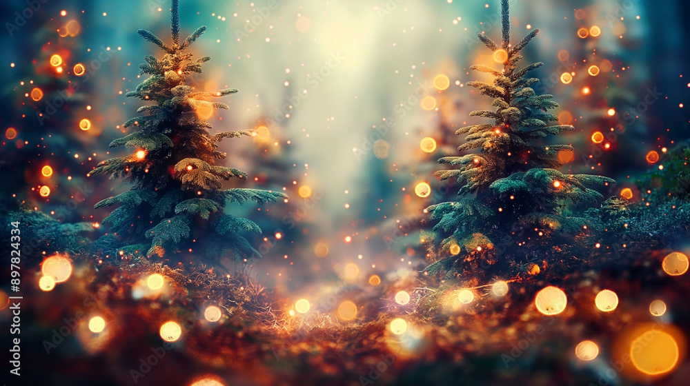 Magical forest with christmas trees and glowing lights. Magical forest with christmas trees and glowing lights.
