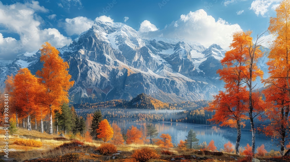 Scenic mountain view in autumn with colorful foliage