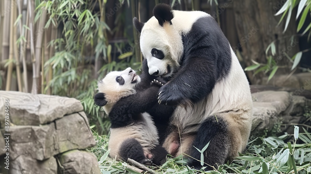 Obraz premium Adorable Panda Dad Engaging in Playtime with His Two Cherished Panda Daughters, Demonstrating the Warmth of Family Bonds.