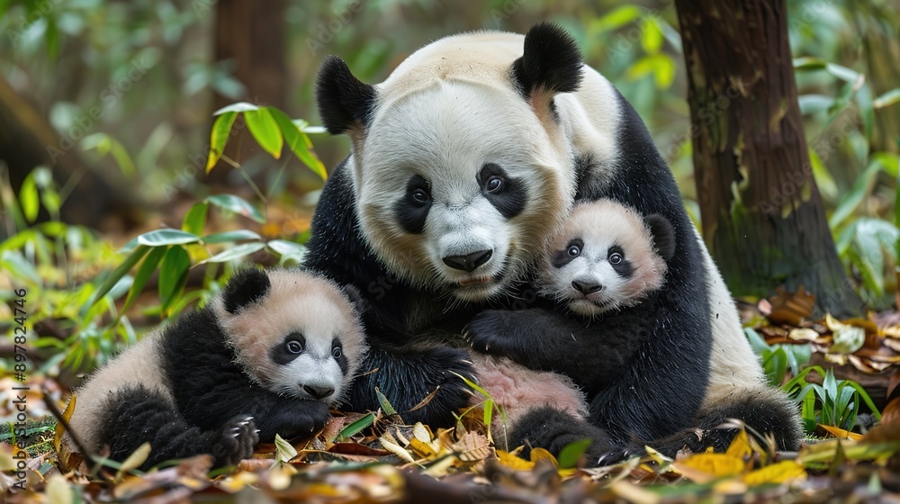 Obraz premium Adorable Panda Dad Engaging in Playtime with His Two Cherished Panda Daughters, Demonstrating the Warmth of Family Bonds.