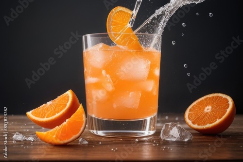 Orange punch cocktail with a splash over a dark background