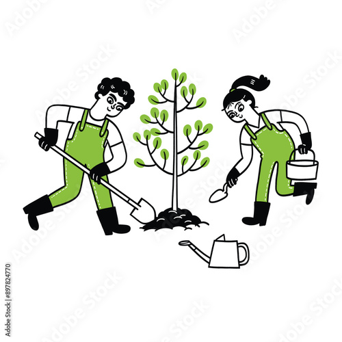 Kids Planting Trees: Environmental Conservation Illustration for Children's Education.