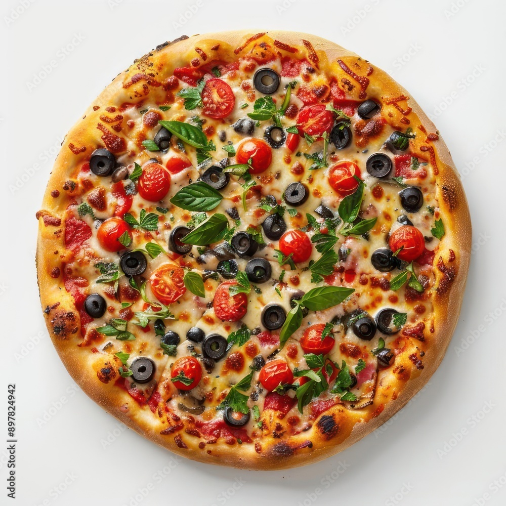 a close up of a pizza with tomatoes, olives, and basil a close up of a pizza with tomatoes, olives, and basil