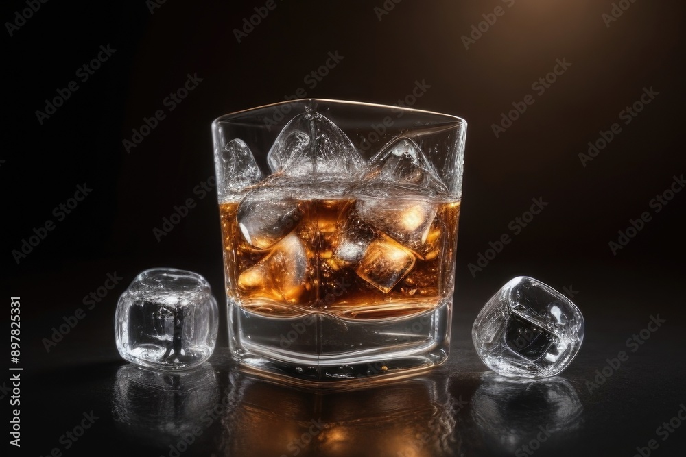 rum with ice cubes over a dark background rum with ice cubes over a dark background