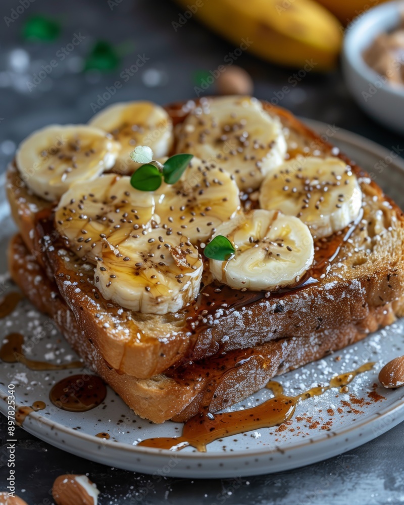 Close-up of delicious banana toast with peanut butter. Mouth-watering, juicy toast with banana, peanut butter and honey. Close-up of delicious banana toast with peanut butter. Mouth-watering, juicy toast with banana, peanut butter and honey.